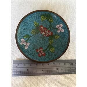 Small Blue & Multicolor Flower Chinese Enamel Cloisonné Trinket Dish Plate VTG